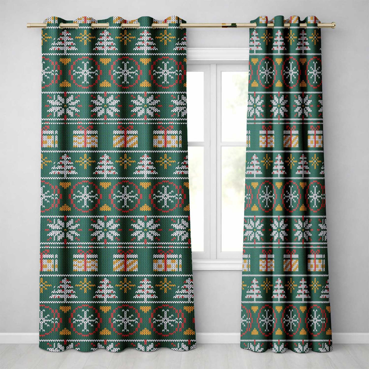 Festive Christmas Tree Star Gift Knitted Seamless Pattern Readymade Eyelet Ring Top Thermal 100% Blackout Curtains