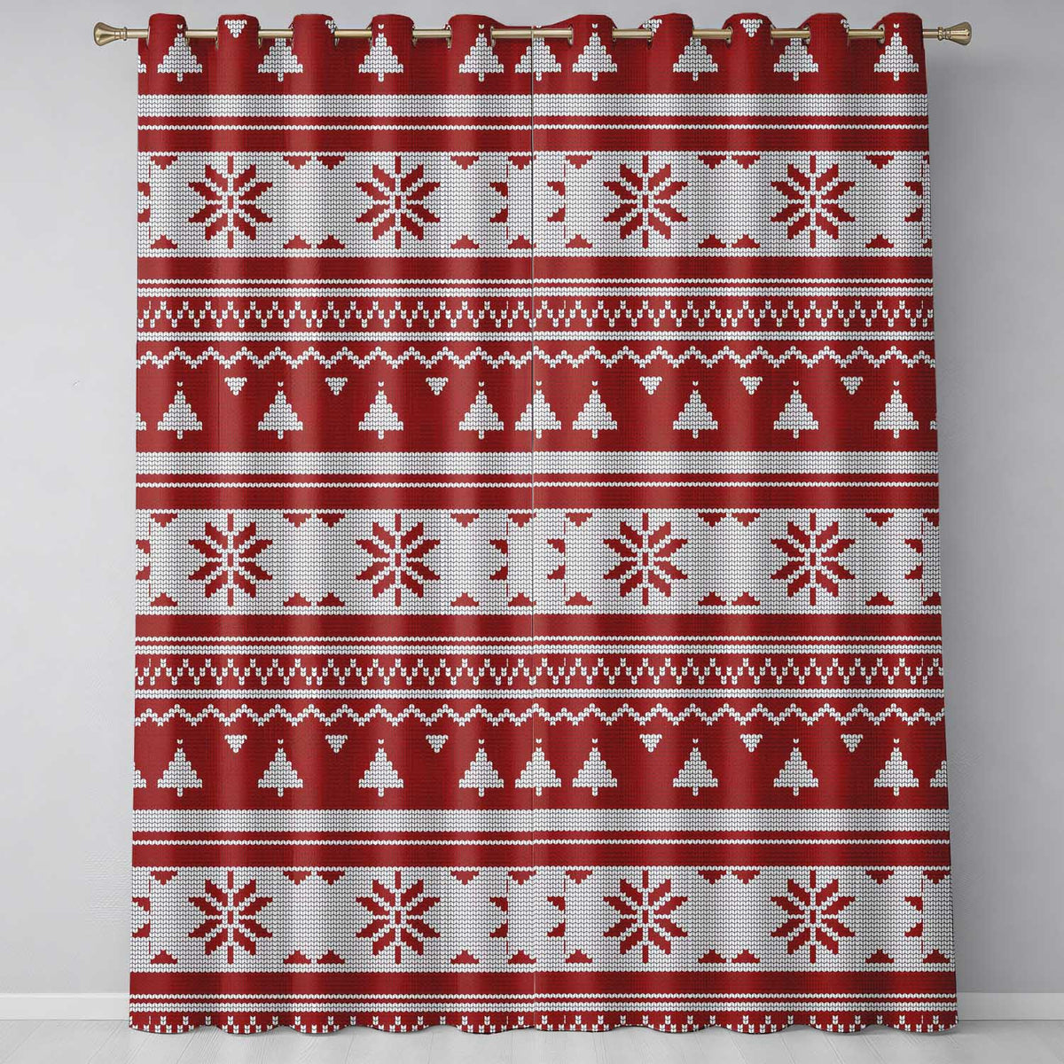 Red Nordic Christmas Tree Snowflake Knitted Seamless Pattern Readymade Eyelet Ring Top Thermal 100% Blackout Curtains