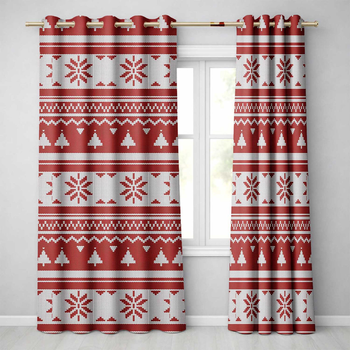 Red Nordic Christmas Tree Snowflake Knitted Seamless Pattern Readymade Eyelet Ring Top Thermal 100% Blackout Curtains