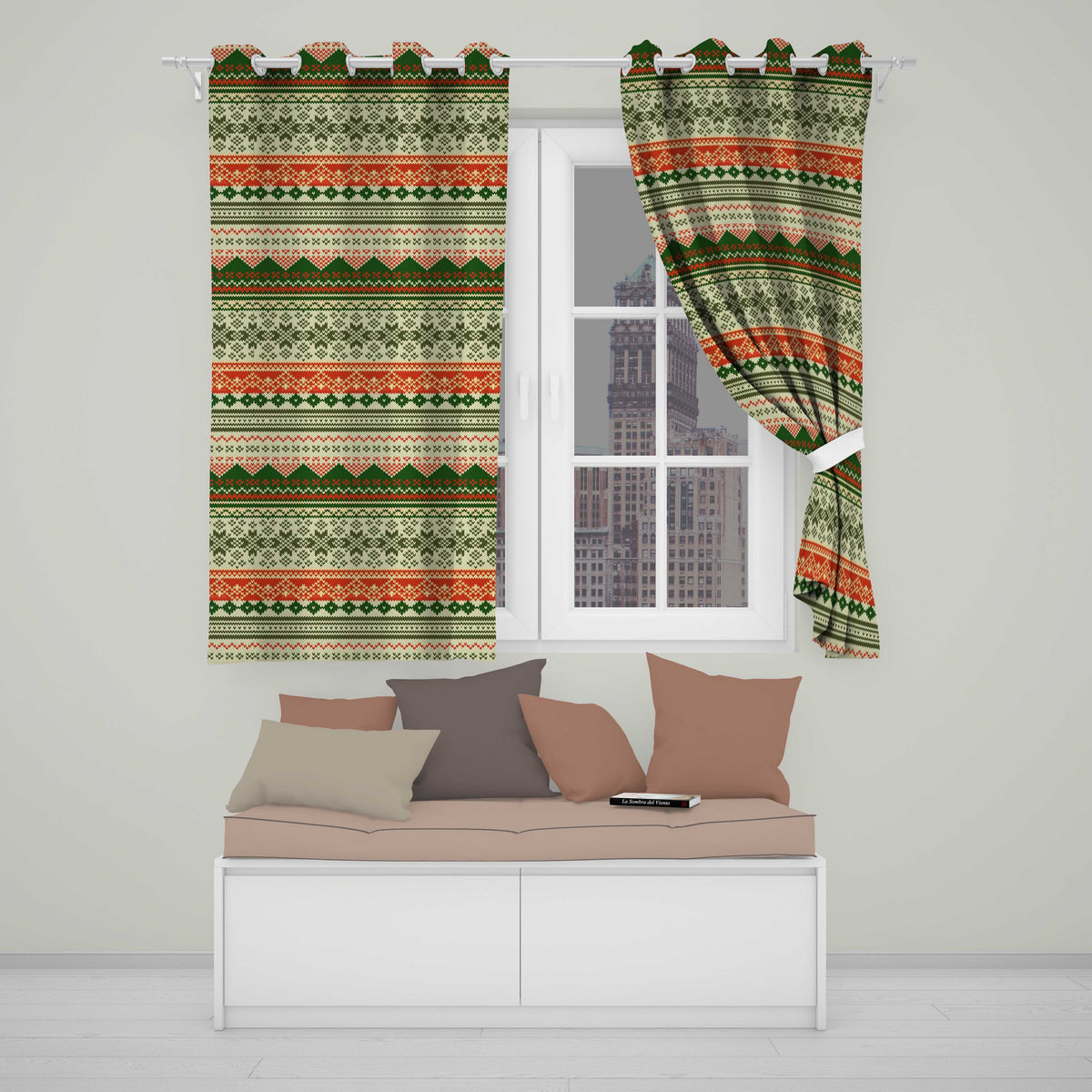 Nordic Zigzag Knit Green Red Cream Geometric Festive Sweater Style Seamless Readymade Eyelet Ring Top Thermal 100% Blackout Curtains