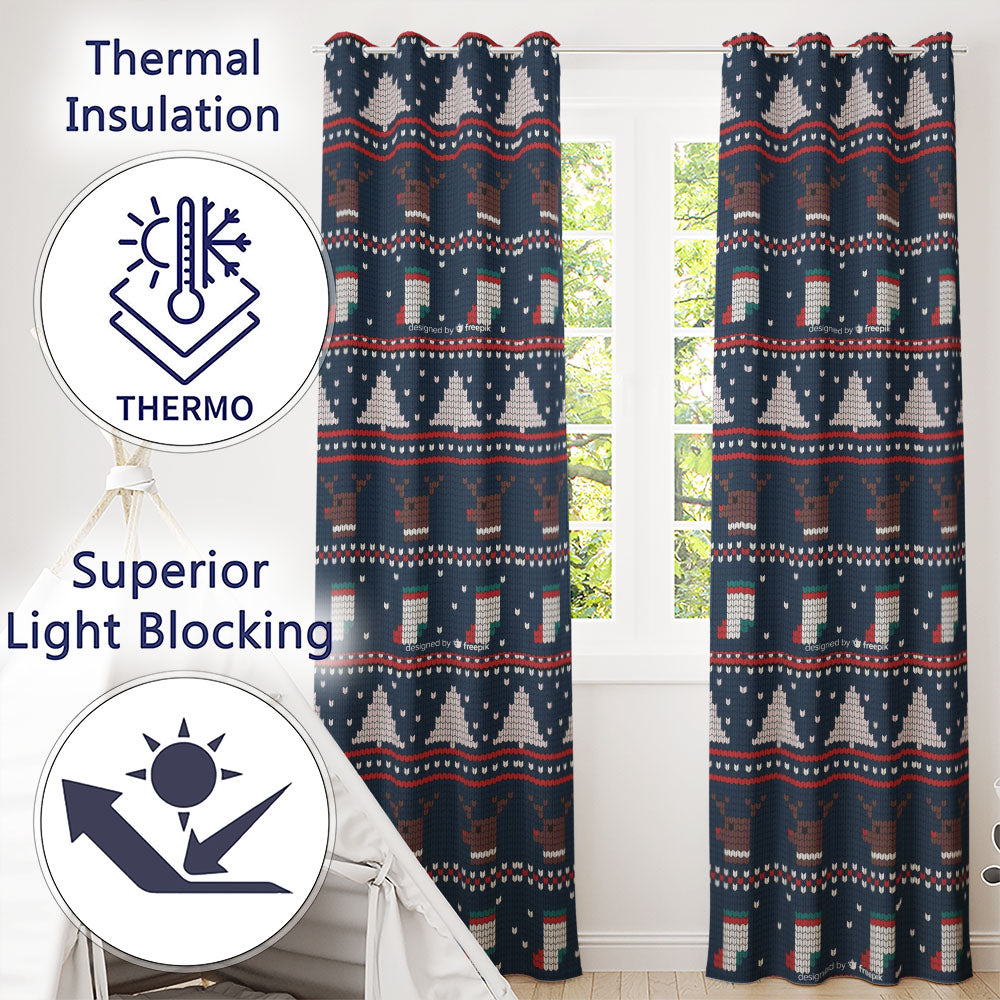 Winter Knit Reindeer Mountain Pattern Blue White Snow Nordic Christmas Readymade Eyelet Ring Top Thermal 100% Blackout Curtains