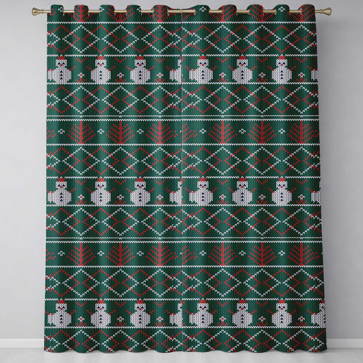 Nordic Knit Alpaca Llama Pattern Green Red White Festive Sweater Style Seamless Readymade Eyelet Ring Top Thermal 100% Blackout Curtains