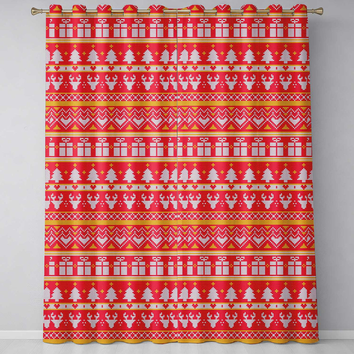 Christmas Gift Box Tree Knit Pattern Red White Yellow Festive Holiday Seamless Readymade Eyelet Ring Top Thermal 100% Blackout Curtains