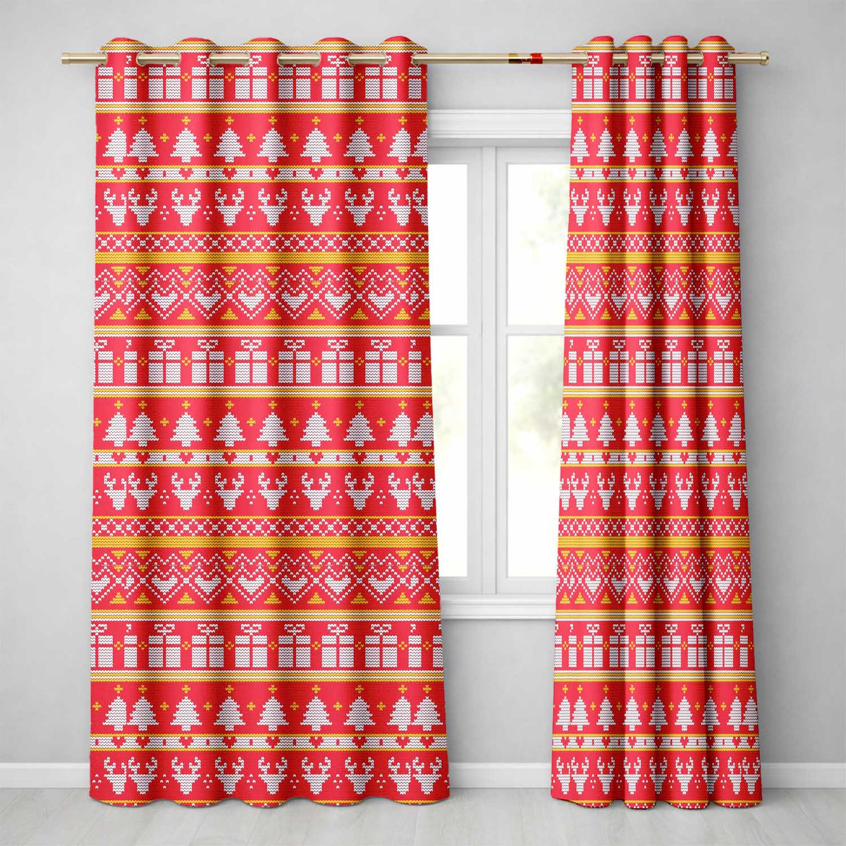 Christmas Gift Box Tree Knit Pattern Red White Yellow Festive Holiday Seamless Readymade Eyelet Ring Top Thermal 100% Blackout Curtains