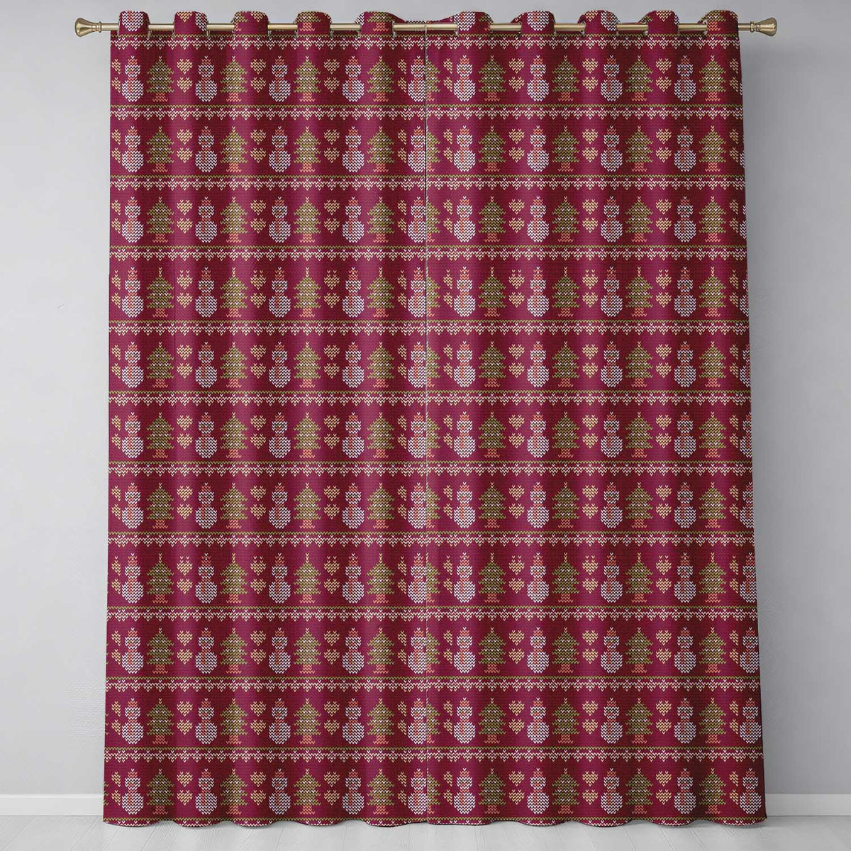 Cute Snowman Christmas Tree Knit Pattern Burgundy Green White Festive Seamless Readymade Eyelet Ring Top Thermal 100% Blackout Curtains