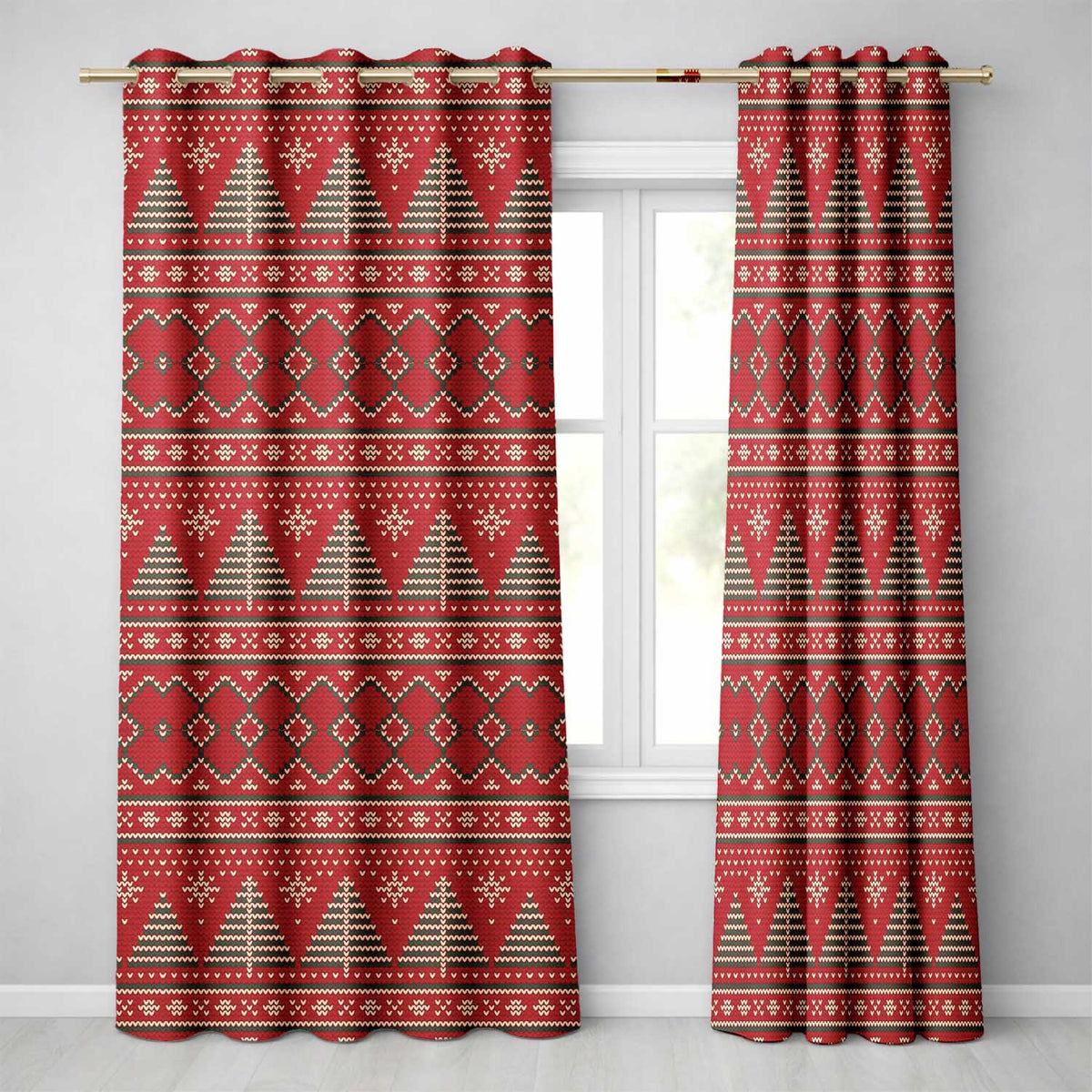 Christmas Tree Heart Knit Pattern Red Green White Nordic Festive Sweater Style Readymade Eyelet Ring Top Thermal 100% Blackout Curtains
