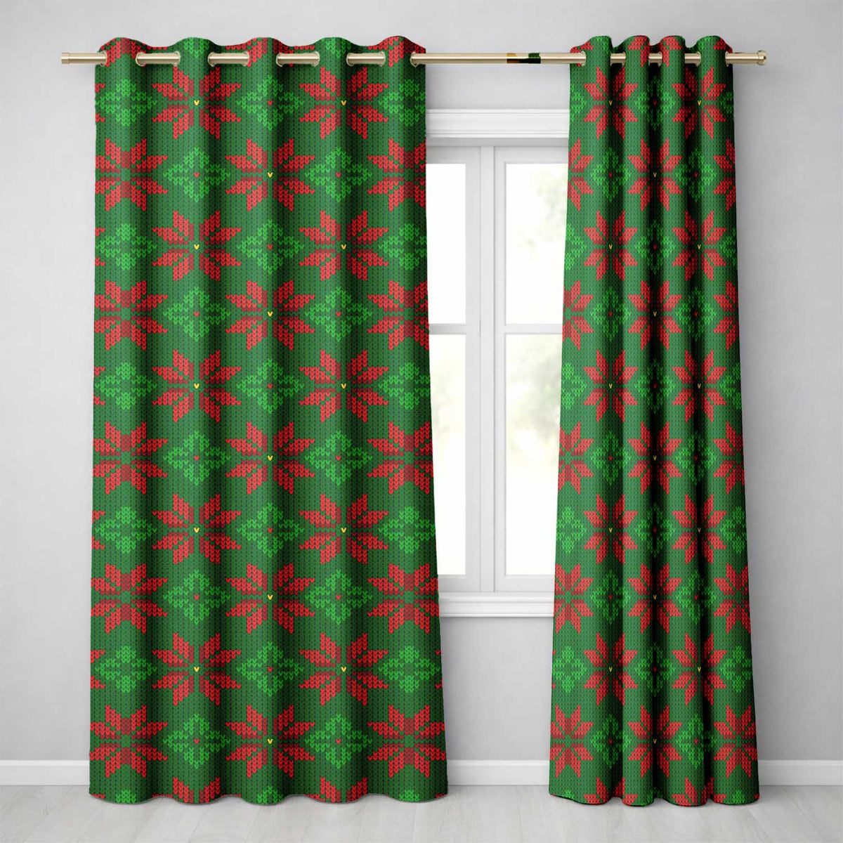 Festive Holly Leaf Berry Knit Pattern Green Red Christmas Seamless Nordic Style Readymade Eyelet Ring Top Thermal 100% Blackout Curtains