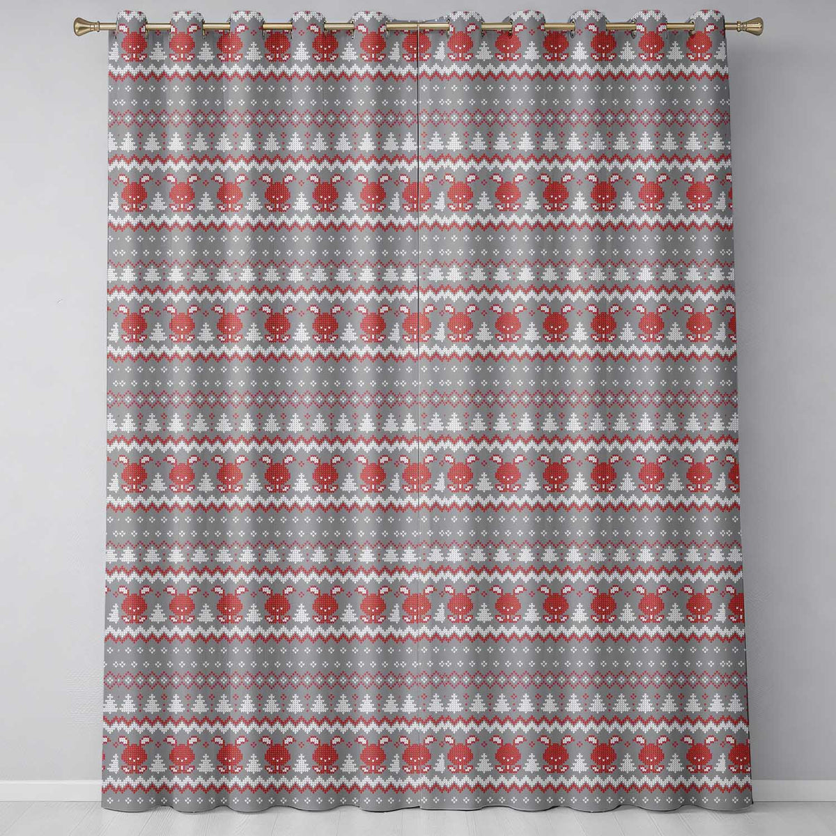 Cute Reindeer Tree Knit Pattern Grey Red White Christmas Sweater Style Seamless Readymade Eyelet Ring Top Thermal 100% Blackout Curtains