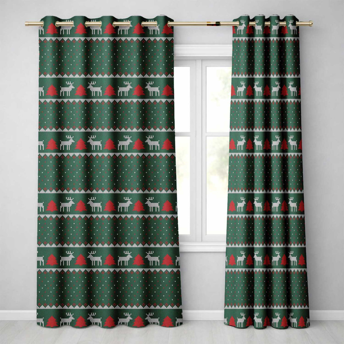 Scandinavian Reindeer Mountain Knit Pattern Green Red White Christmas Seamless Readymade Eyelet Ring Top Thermal 100% Blackout Curtains