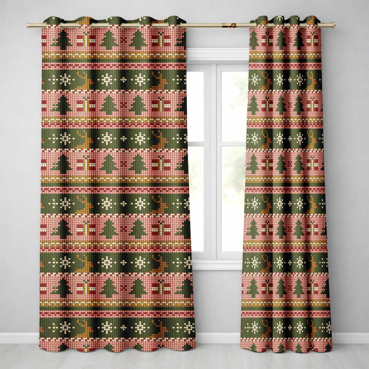 Scandinavian Deer Gift Snowflake Knit Green Pink Christmas Festive Seamless Readymade Eyelet Ring Top Thermal 100% Blackout Curtains