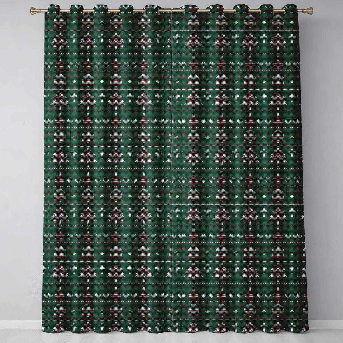 Nordic Ornament Christmas Tree Knit Green Red White Festive Seamless Textile Readymade Eyelet Ring Top Thermal 100% Blackout Curtains