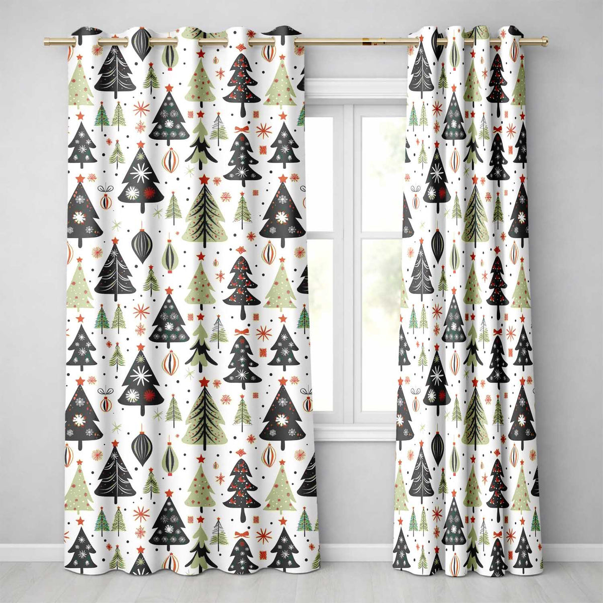 Vintage Style Christmas Trees Ornaments Snowflakes Festive Seamless Pattern Readymade Eyelet Ring Top Thermal 100% Blackout Curtains