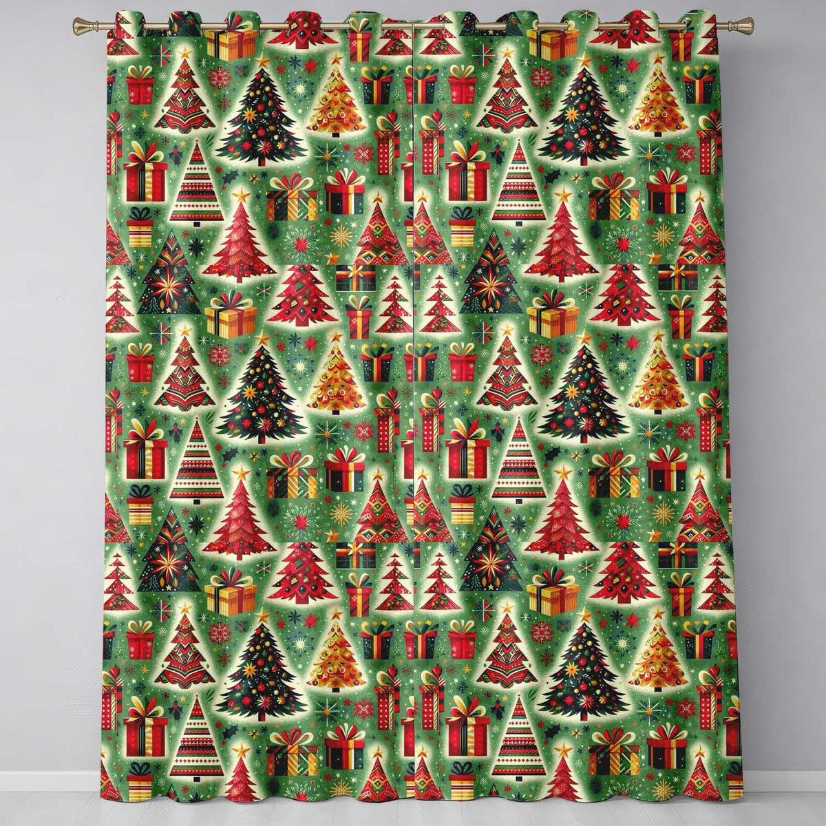 Colorful Christmas Trees Gifts Snowflakes Festive Holiday Seamless Pattern Readymade Eyelet Ring Top Thermal 100% Blackout Curtains