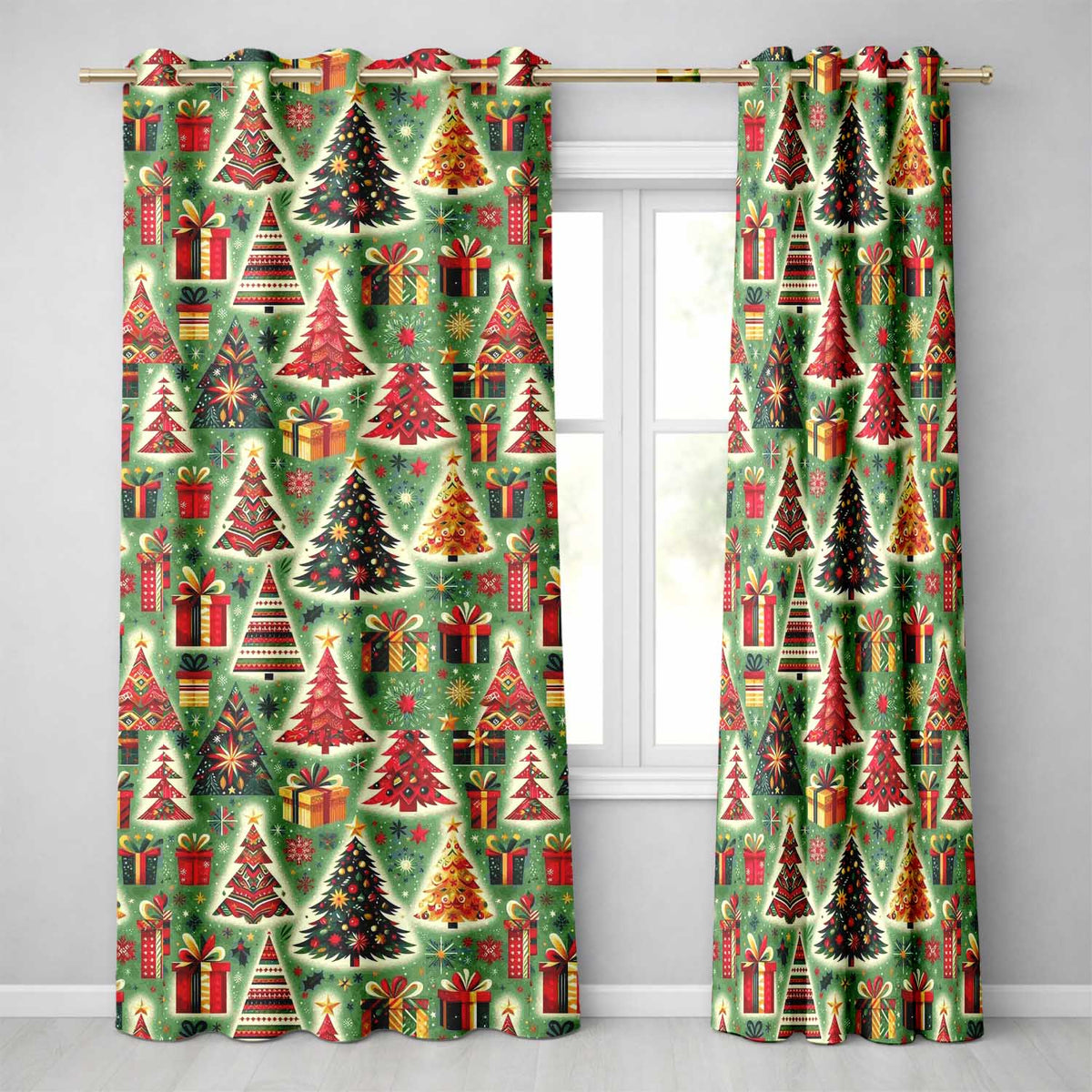 Colorful Christmas Trees Gifts Snowflakes Festive Holiday Seamless Pattern Readymade Eyelet Ring Top Thermal 100% Blackout Curtains