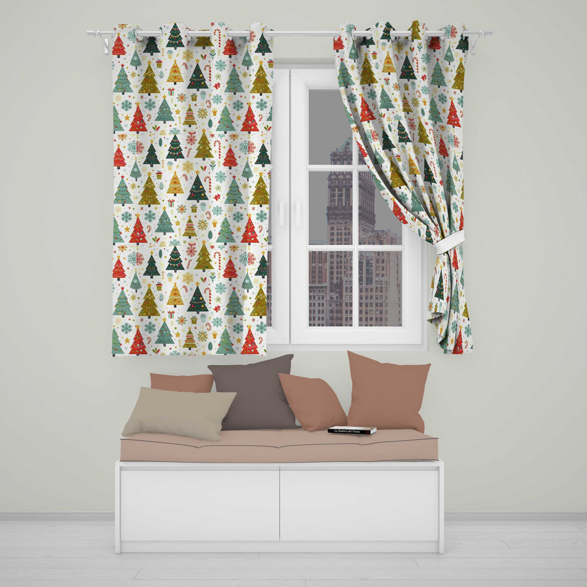 Whimsical Christmas Trees Candy Canes Snowflakes Holiday Seamless Pattern Readymade Eyelet Ring Top Thermal 100% Blackout Curtains