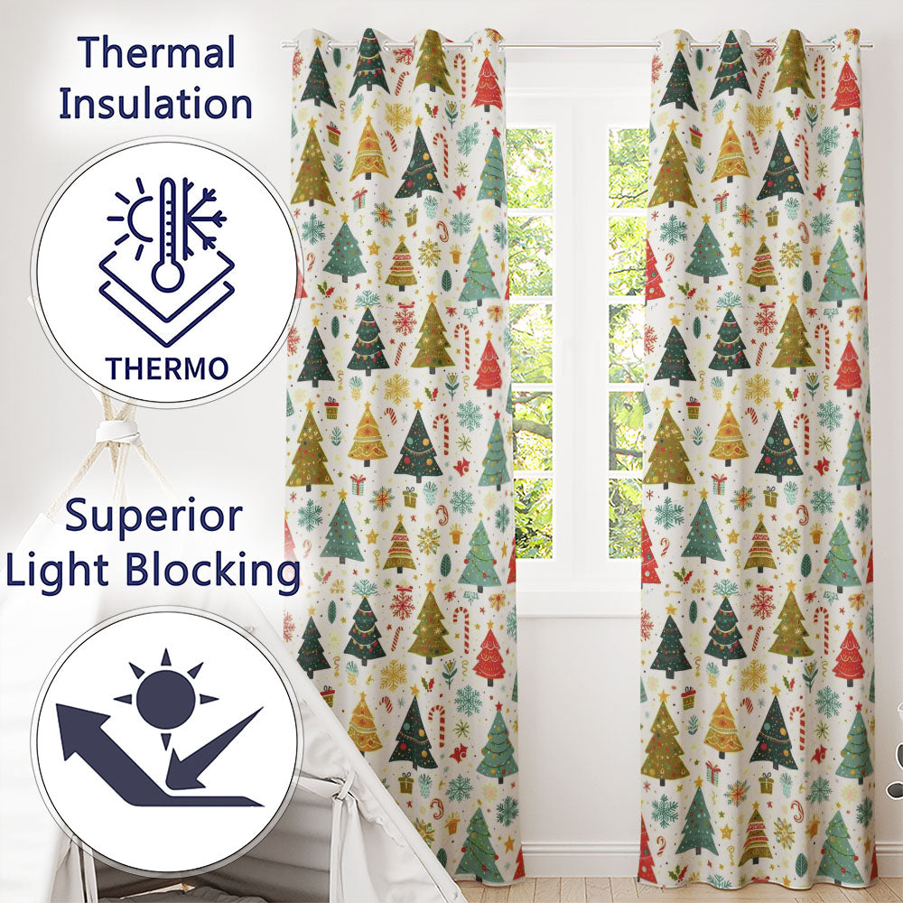 Whimsical Christmas Trees Candy Canes Snowflakes Holiday Seamless Pattern Readymade Eyelet Ring Top Thermal 100% Blackout Curtains