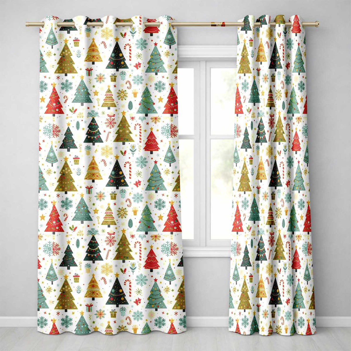 Whimsical Christmas Trees Candy Canes Snowflakes Holiday Seamless Pattern Readymade Eyelet Ring Top Thermal 100% Blackout Curtains