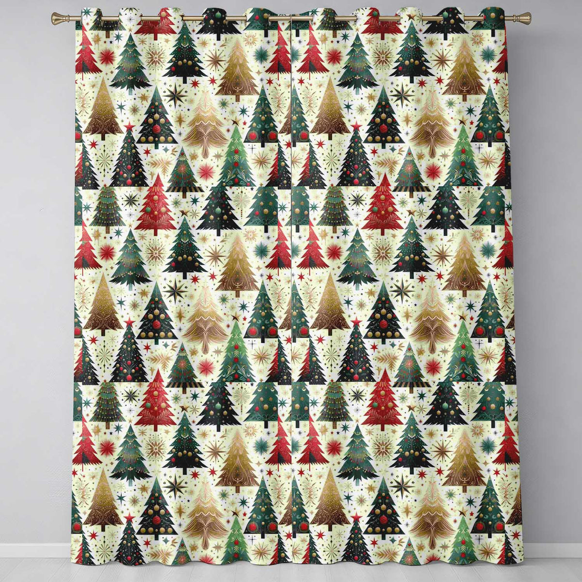Elegant Christmas Trees Gold Green Red Stars Festive Seamless Pattern Readymade Eyelet Ring Top Thermal 100% Blackout Curtains