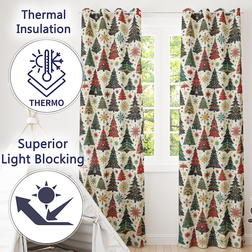 Ornate Christmas Trees Snowflakes Stars Vintage Holiday Seamless Pattern Readymade Eyelet Ring Top Thermal 100% Blackout Curtains