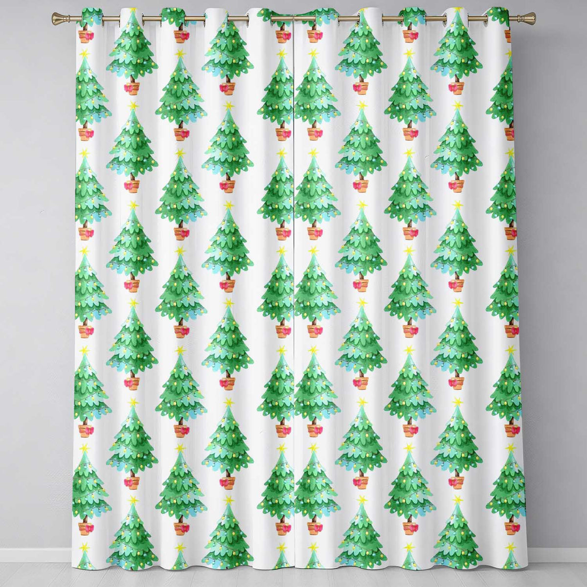Watercolor Christmas Trees with Lights in Pots Cute Holiday Seamless Pattern Readymade Eyelet Ring Top Thermal 100% Blackout Curtains