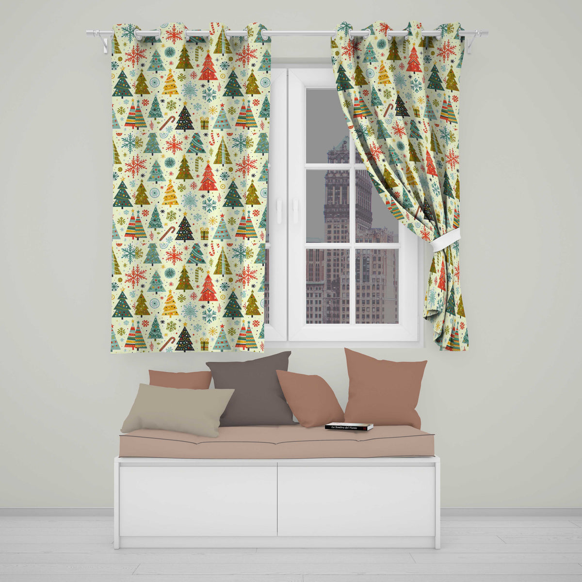 Playful Christmas Trees Candy Canes Snowflakes Festive Seamless Pattern Readymade Eyelet Ring Top Thermal 100% Blackout Curtains