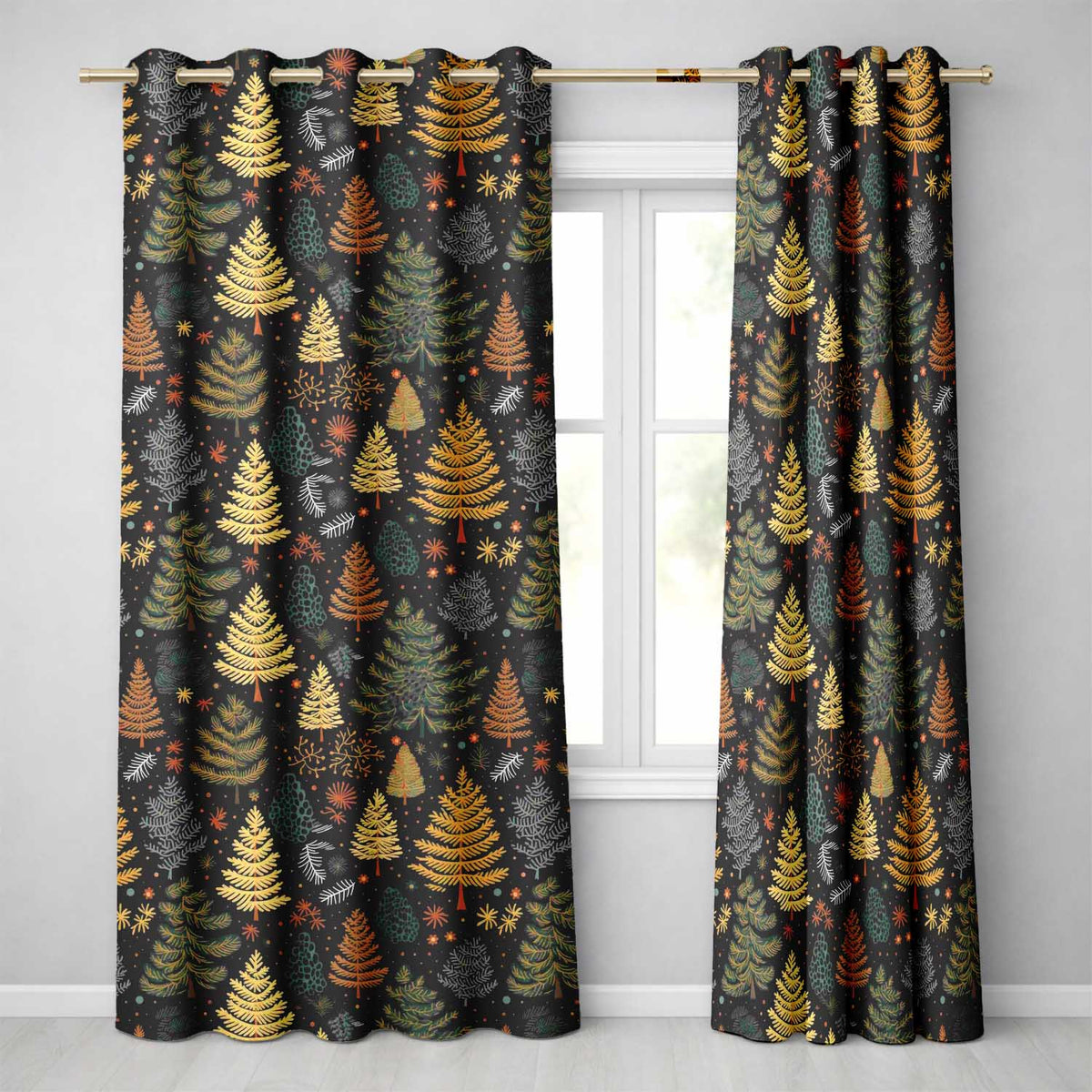 Modern Christmas Trees Golden Leaves Dark Background Festive Seamless Pattern Readymade Eyelet Ring Top Thermal 100% Blackout Curtains