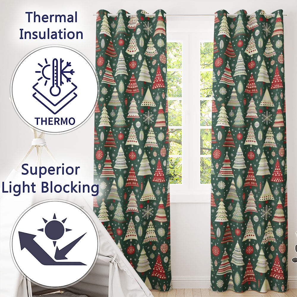 Scandi Christmas Trees Red White Green Snowflakes Nordic Seamless Pattern Readymade Eyelet Ring Top Thermal 100% Blackout Curtains