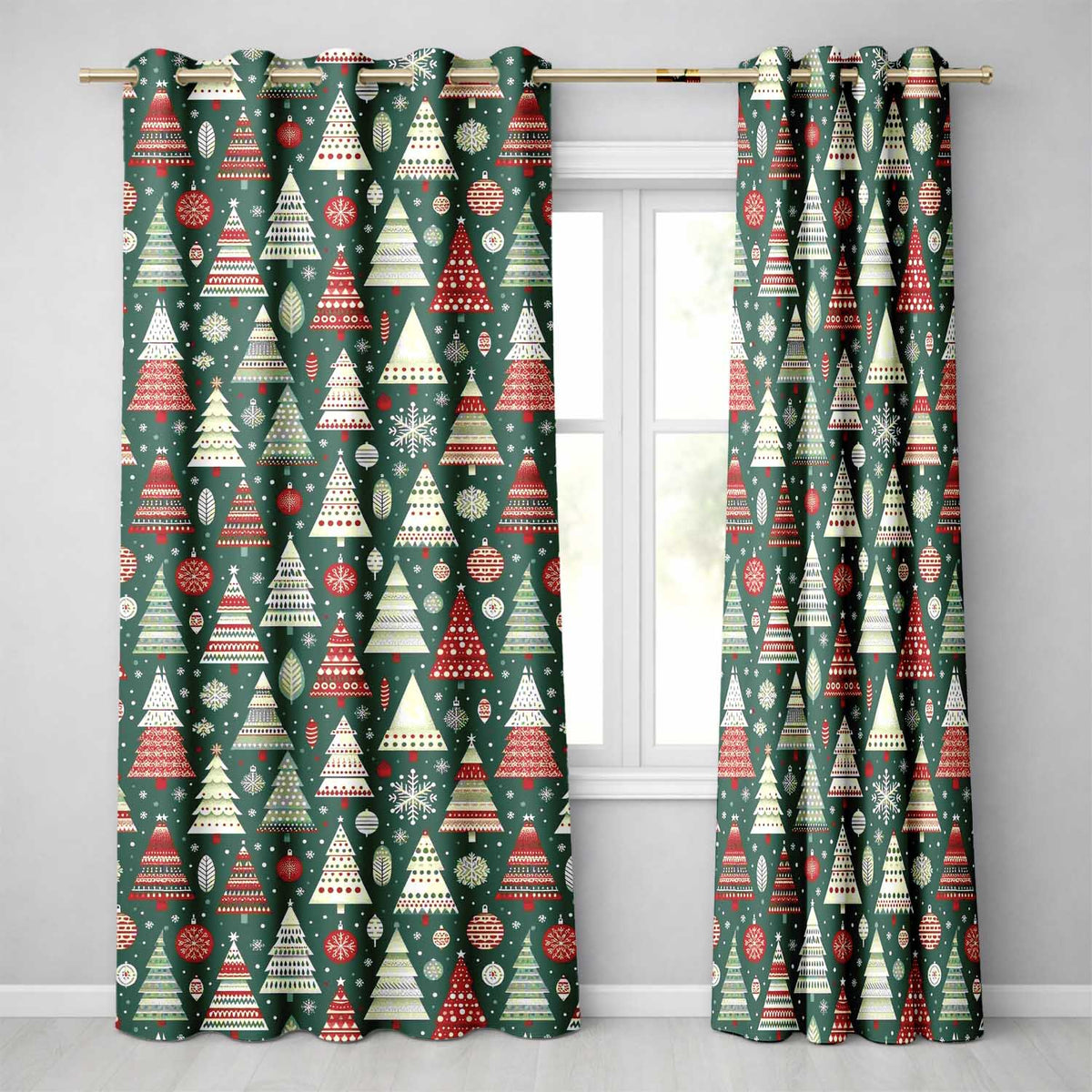 Scandi Christmas Trees Red White Green Snowflakes Nordic Seamless Pattern Readymade Eyelet Ring Top Thermal 100% Blackout Curtains
