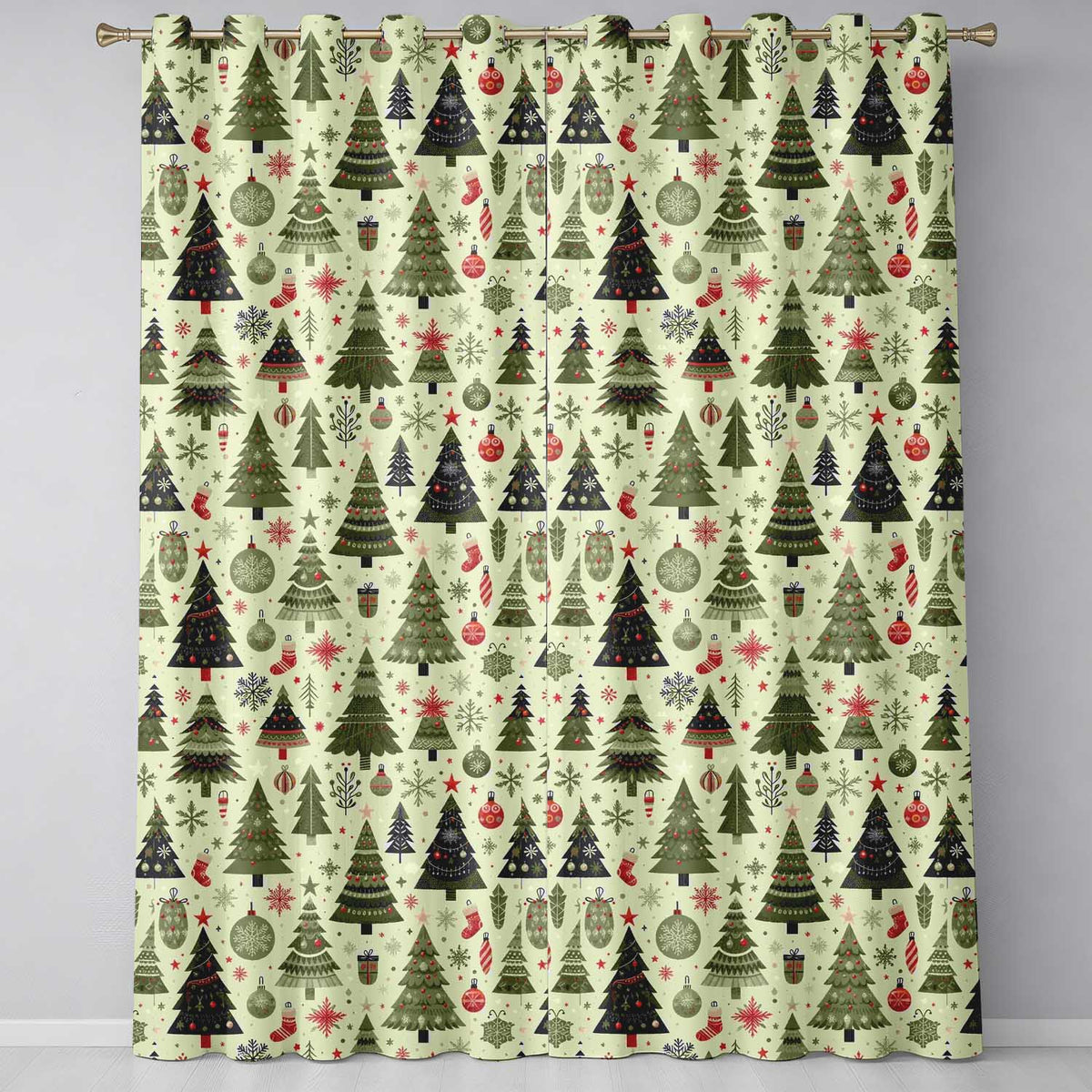 Classic Christmas Trees Ornaments Gifts Snowflakes Festive Seamless Pattern Readymade Eyelet Ring Top Thermal 100% Blackout Curtains
