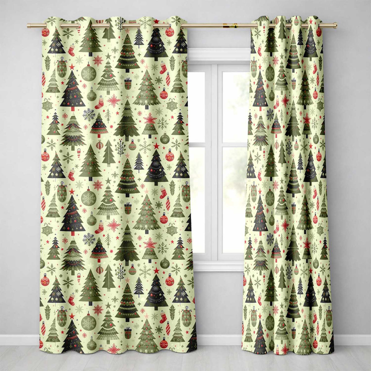 Classic Christmas Trees Ornaments Gifts Snowflakes Festive Seamless Pattern Readymade Eyelet Ring Top Thermal 100% Blackout Curtains