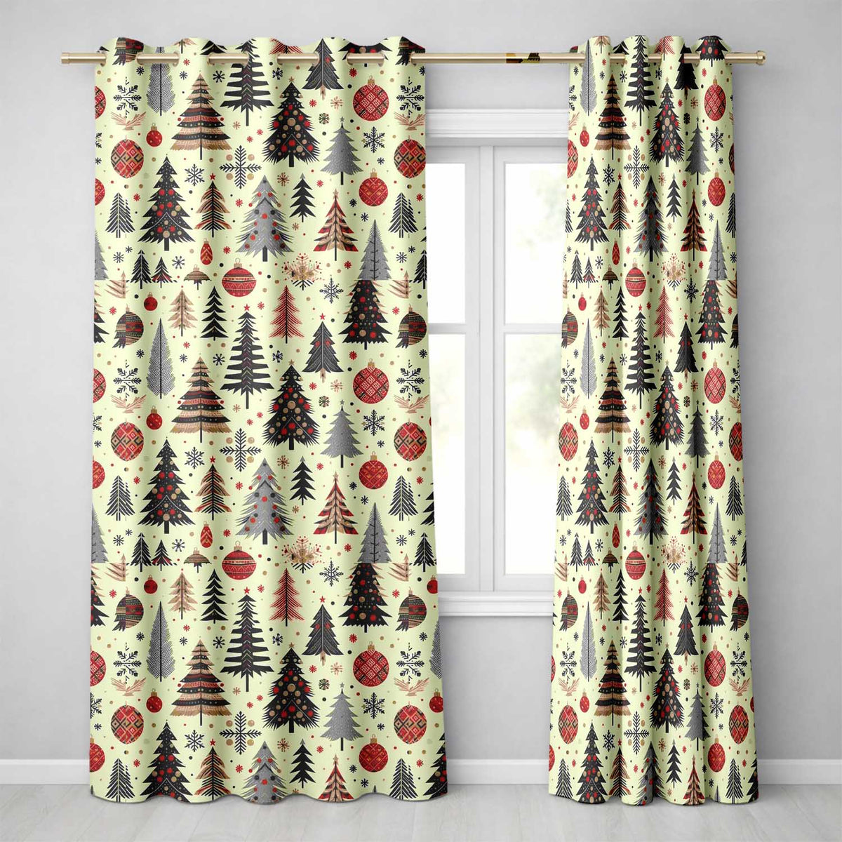 Elegant Christmas Trees Red Green Gold Stars Ornaments Seamless Pattern Readymade Eyelet Ring Top Thermal 100% Blackout Curtains