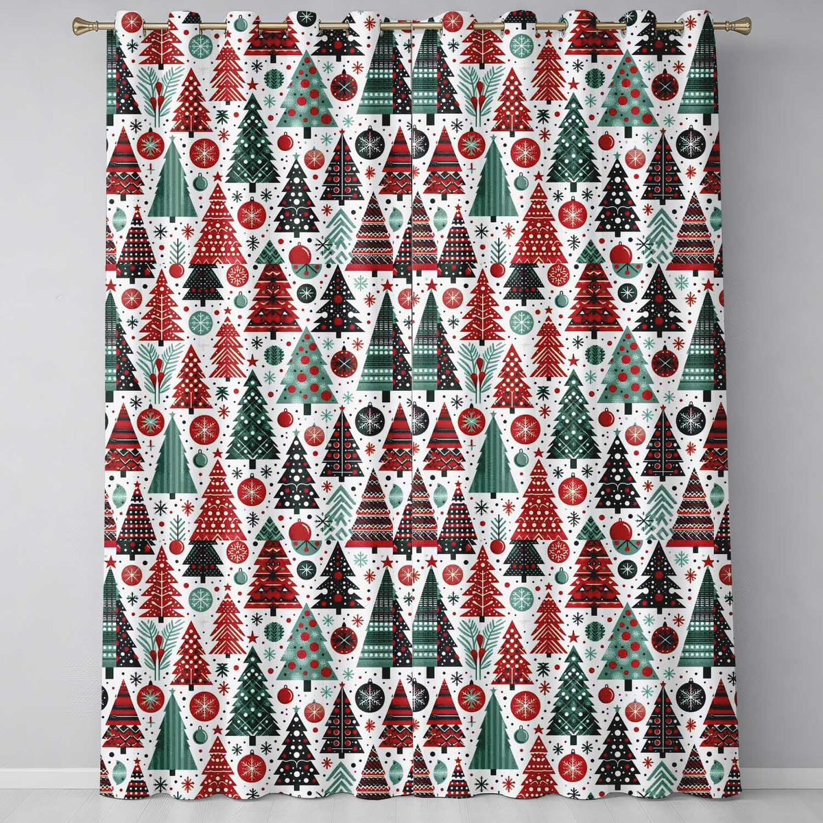 Ornate Christmas Trees Red Green Gold Baubles Festive Seamless Pattern Readymade Eyelet Ring Top Thermal 100% Blackout Curtains