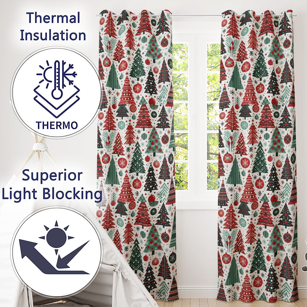 Ornate Christmas Trees Red Green Gold Baubles Festive Seamless Pattern Readymade Eyelet Ring Top Thermal 100% Blackout Curtains