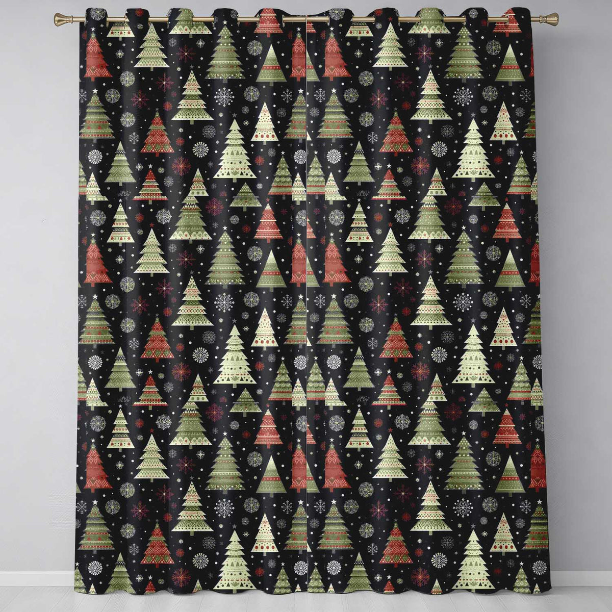 Minimal Christmas Trees Red Blue Yellow Stars Modern Seamless Pattern Readymade Eyelet Ring Top Thermal 100% Blackout Curtains