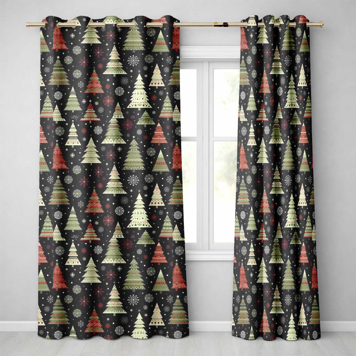 Minimal Christmas Trees Red Blue Yellow Stars Modern Seamless Pattern Readymade Eyelet Ring Top Thermal 100% Blackout Curtains