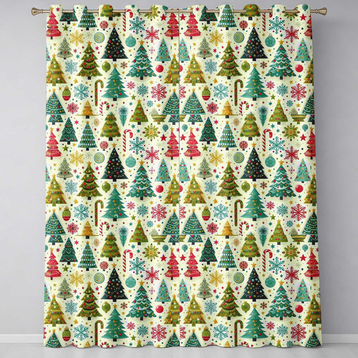 Vintage Style Christmas Trees Snowflakes Candy Cane Seamless Pattern Readymade Eyelet Ring Top Thermal 100% Blackout Curtains