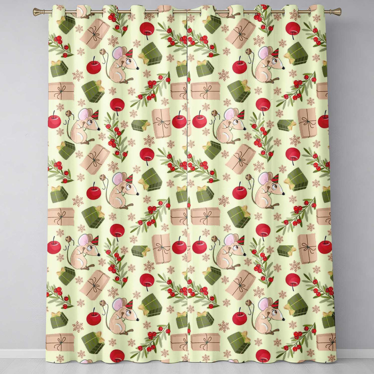 Cute Christmas Mouse with Gifts Berries and Snowflakes Seamless Pattern Readymade Eyelet Ring Top Thermal 100% Blackout Curtains