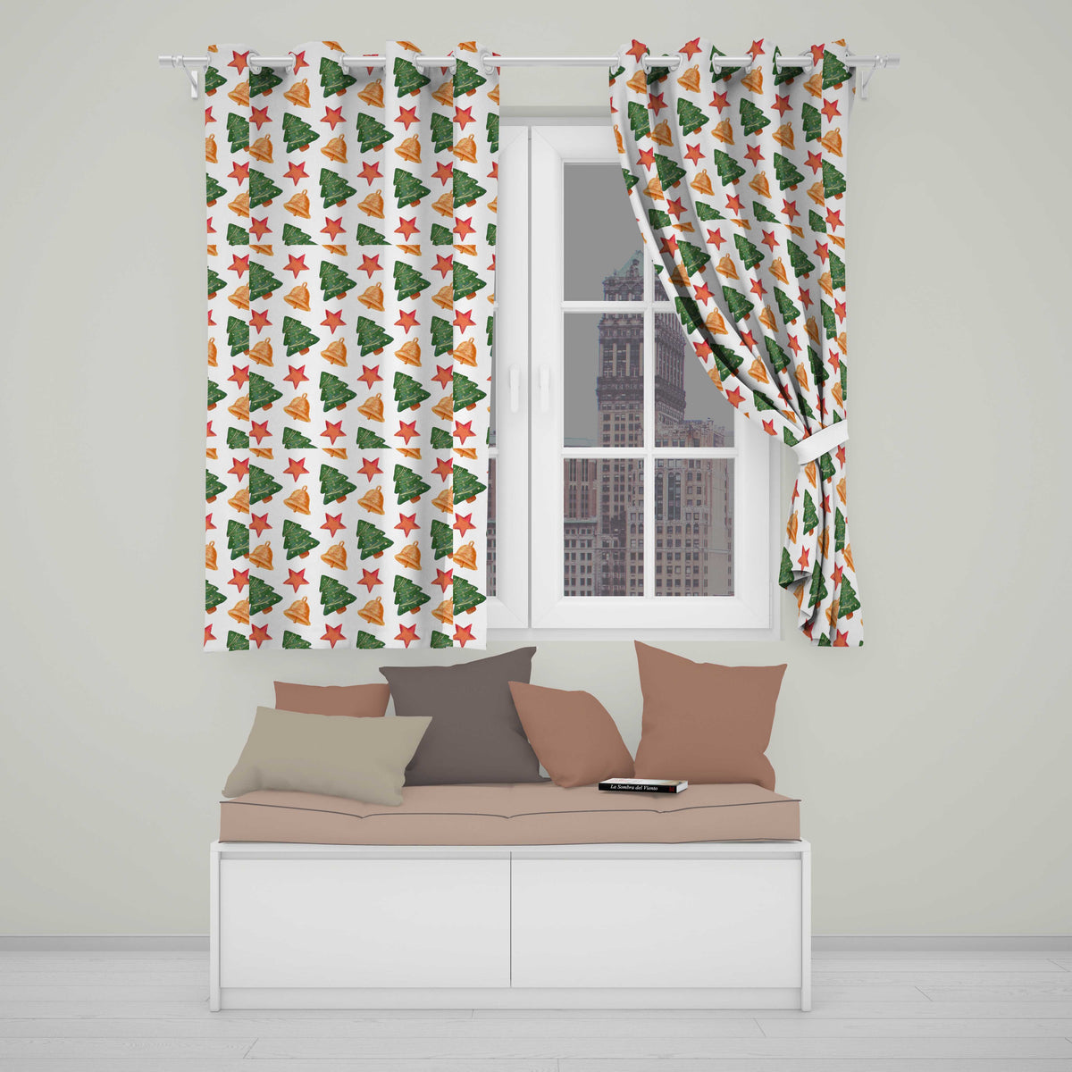 Watercolor Christmas Bells Stars and Trees Seamless Pattern Readymade Eyelet Ring Top Thermal 100% Blackout Curtains