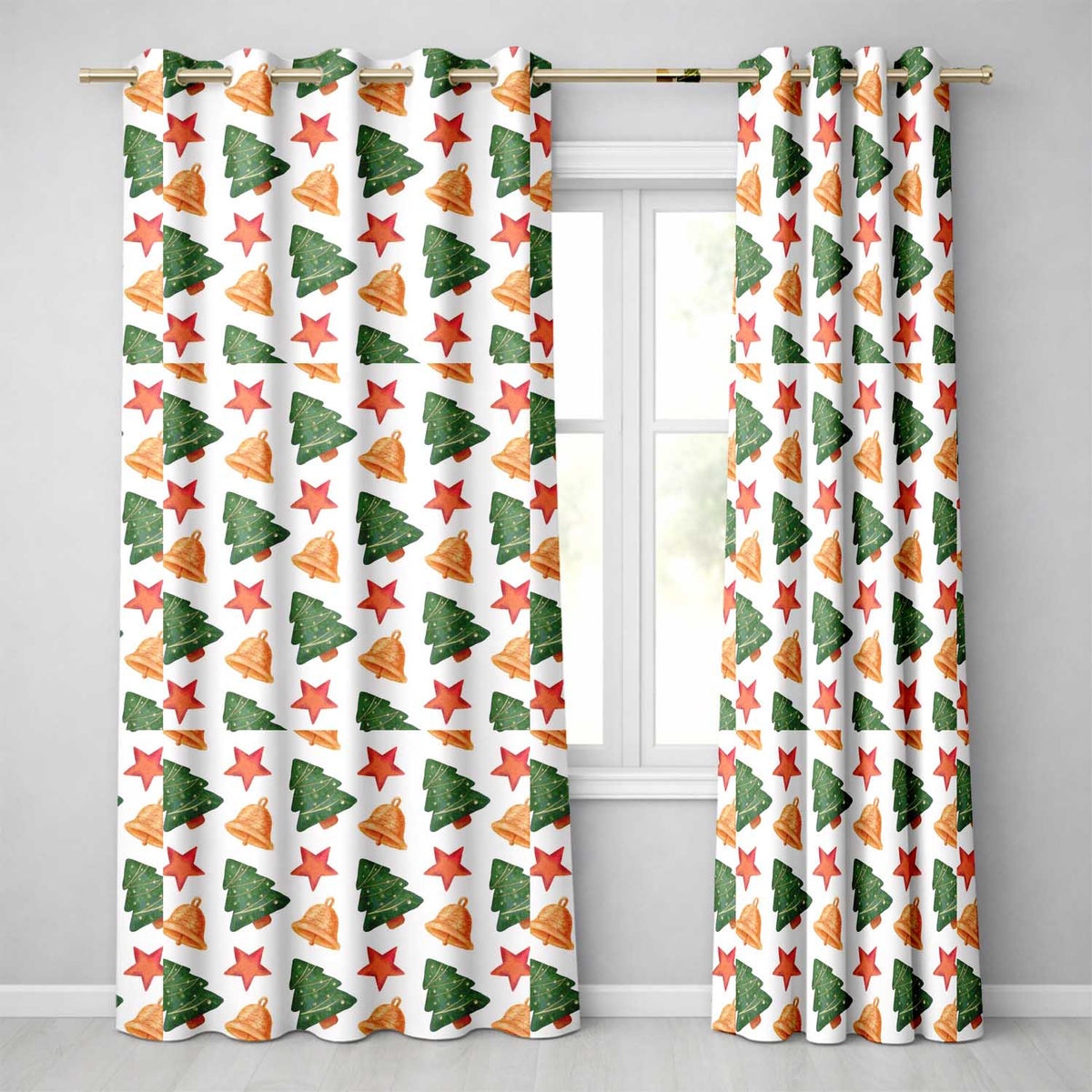 Watercolor Christmas Bells Stars and Trees Seamless Pattern Readymade Eyelet Ring Top Thermal 100% Blackout Curtains