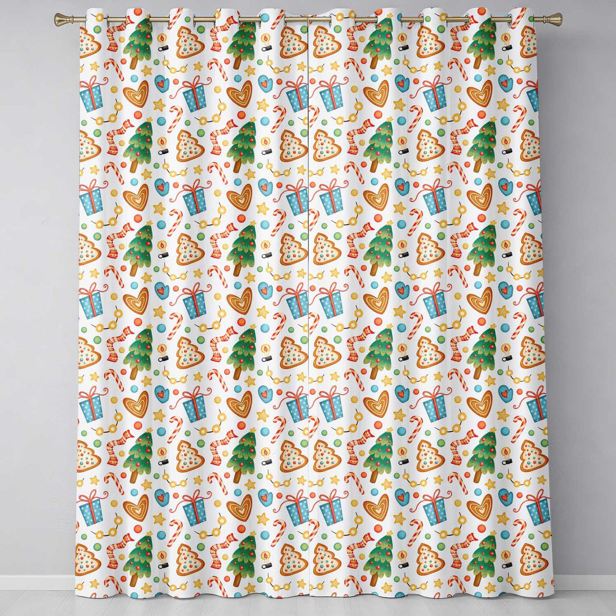 Cute Christmas Cookies Candy Canes Gifts and Tree Seamless Pattern Readymade Eyelet Ring Top Thermal 100% Blackout Curtains