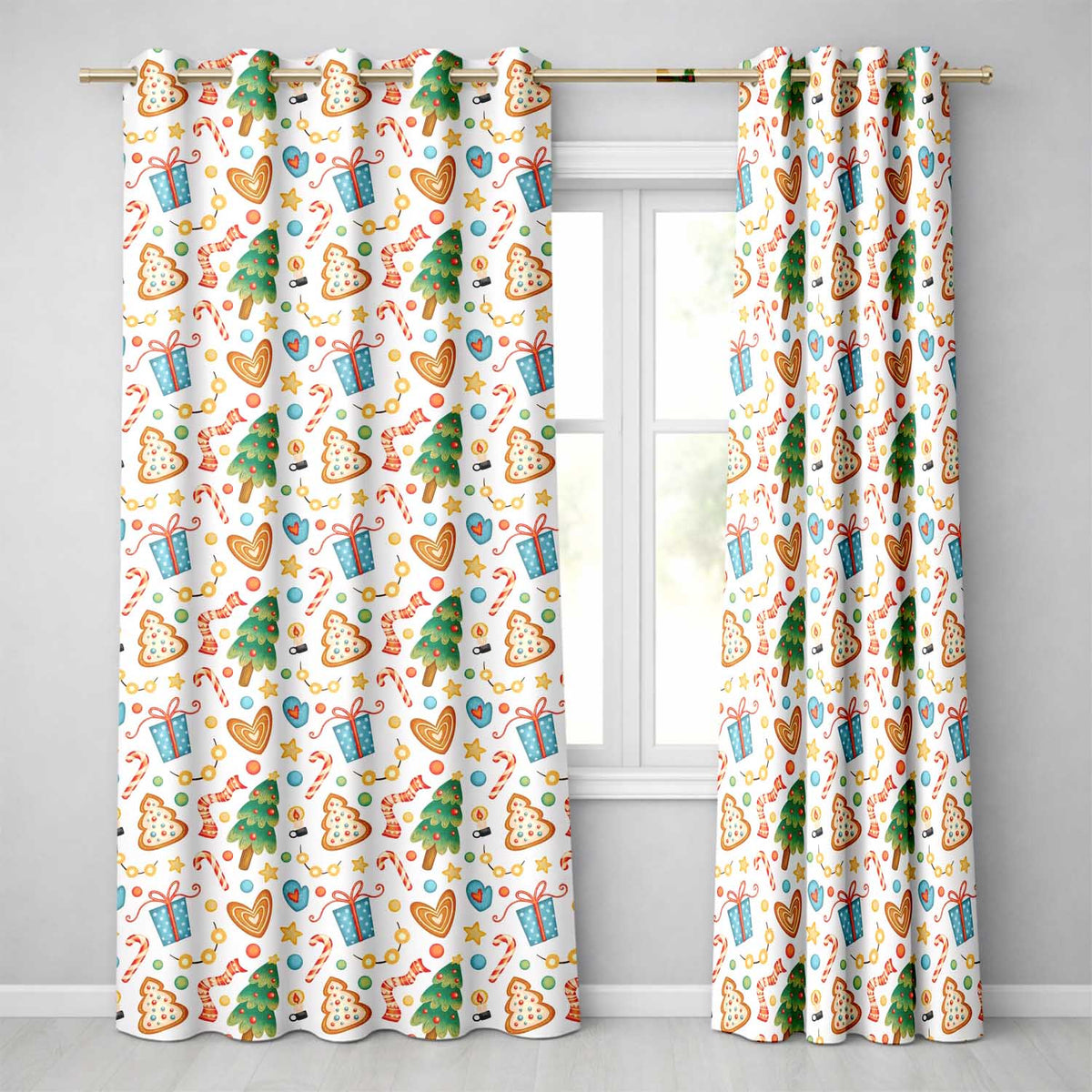 Cute Christmas Cookies Candy Canes Gifts and Tree Seamless Pattern Readymade Eyelet Ring Top Thermal 100% Blackout Curtains