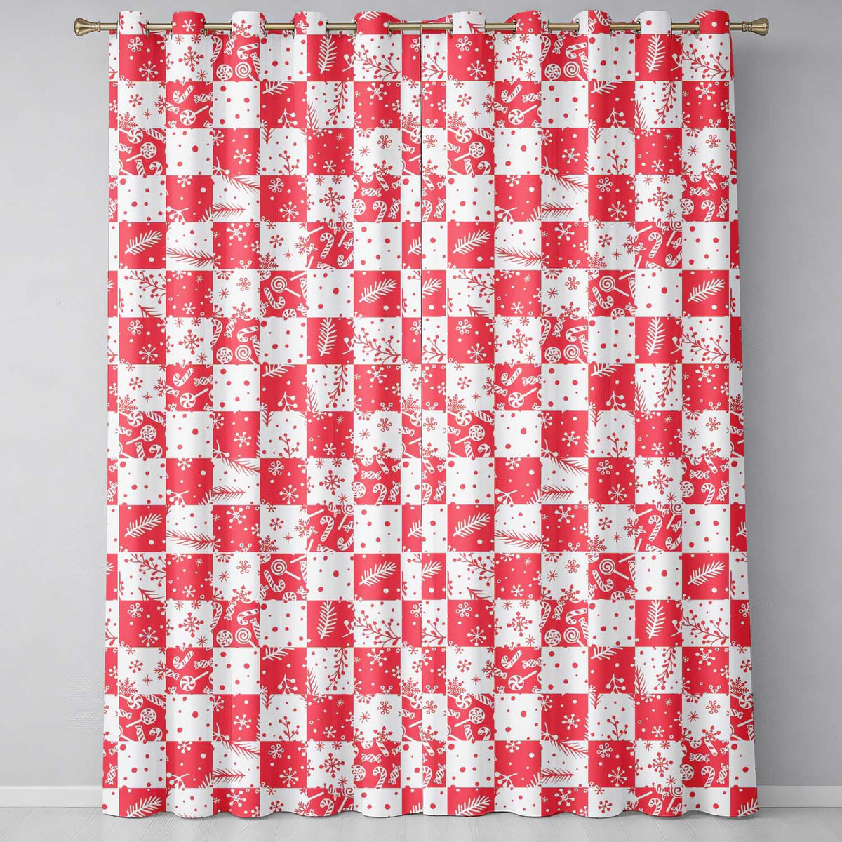 Red White Patchwork Christmas Candy Snowflake Seamless Pattern Readymade Eyelet Ring Top Thermal 100% Blackout Curtains