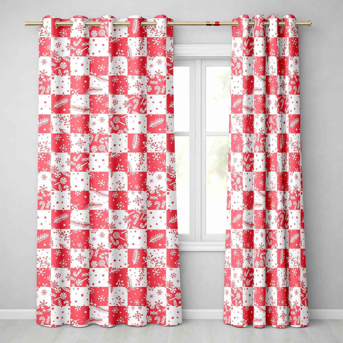 Red White Patchwork Christmas Candy Snowflake Seamless Pattern Readymade Eyelet Ring Top Thermal 100% Blackout Curtains