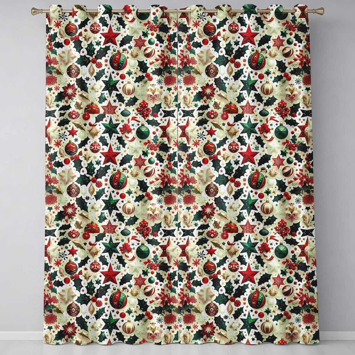 Festive Christmas Stars Ornaments Holly Leaves Seamless Pattern Readymade Eyelet Ring Top Thermal 100% Blackout Curtains