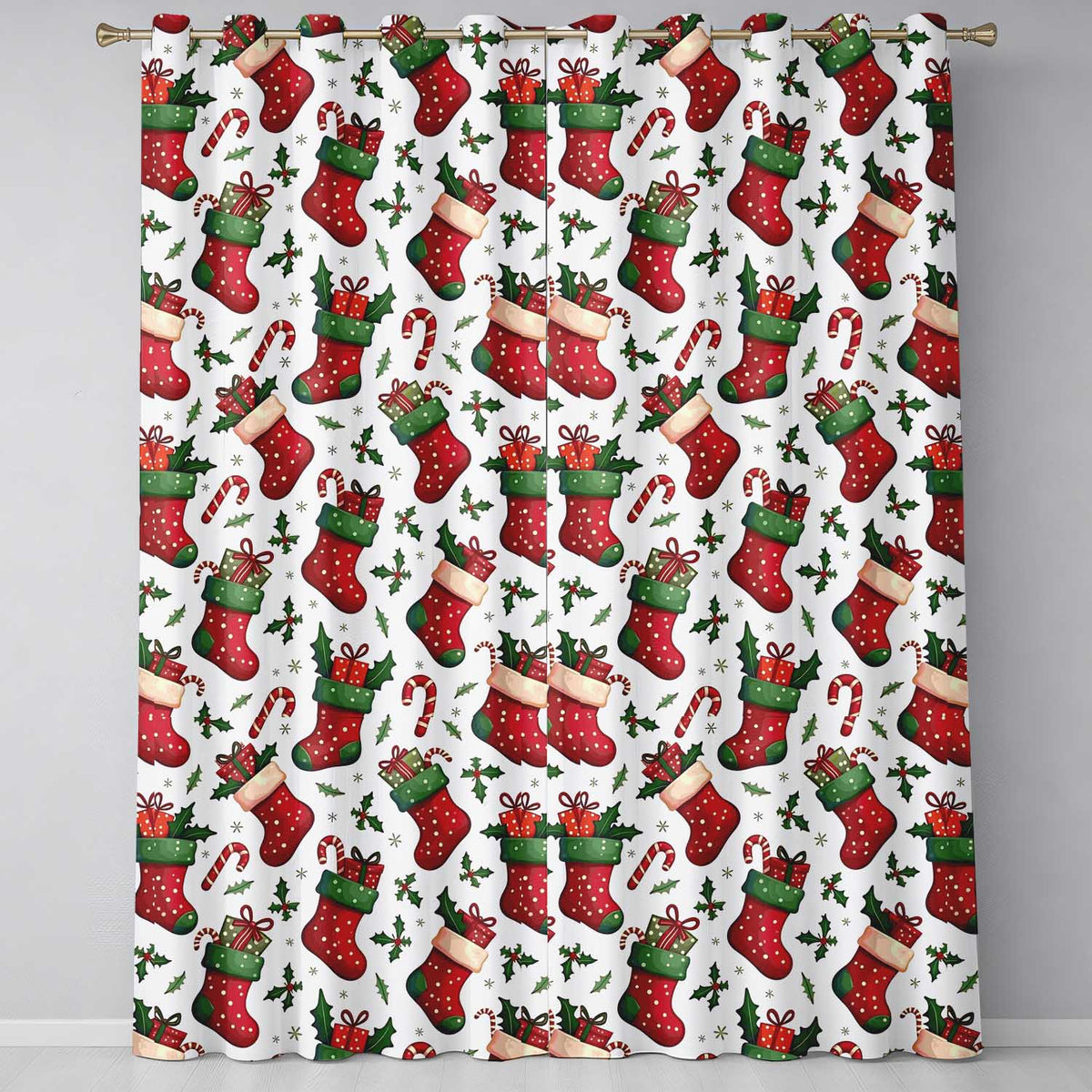 Cute Christmas Stockings Gifts Candy Cane Holly Seamless Pattern Readymade Eyelet Ring Top Thermal 100% Blackout Curtains