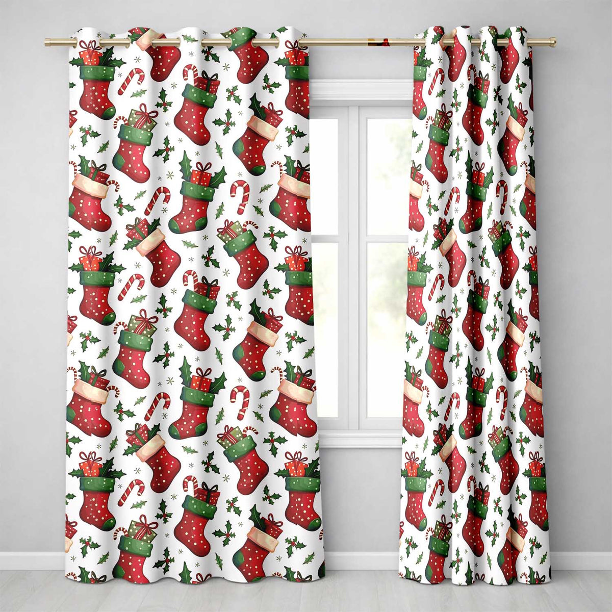 Cute Christmas Stockings Gifts Candy Cane Holly Seamless Pattern Readymade Eyelet Ring Top Thermal 100% Blackout Curtains