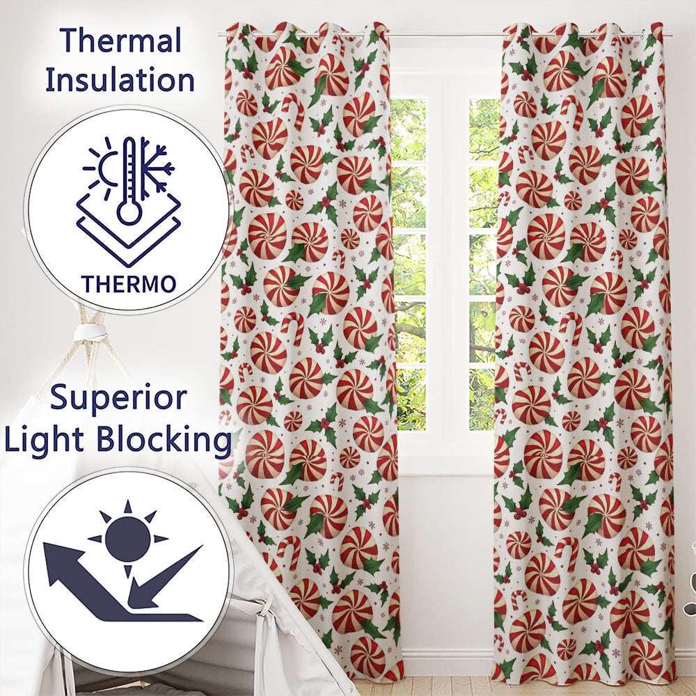 Red White Peppermint Candy Swirl Holly Seamless Pattern Readymade Eyelet Ring Top Thermal 100% Blackout Curtains