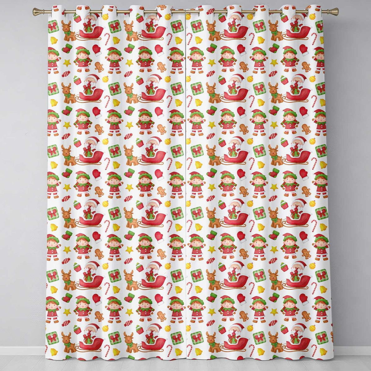 Cute Santa Reindeer Elf Characters Seamless Pattern Readymade Eyelet Ring Top Thermal 100% Blackout Curtains