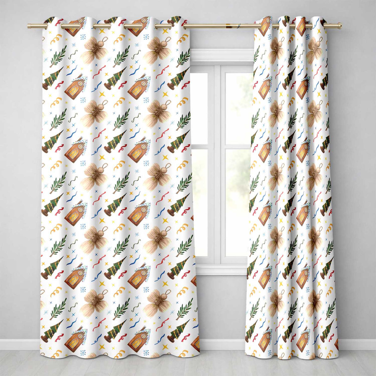 Rustic Christmas Angel House Tree Stars Seamless Pattern Readymade Eyelet Ring Top Thermal 100% Blackout Curtains