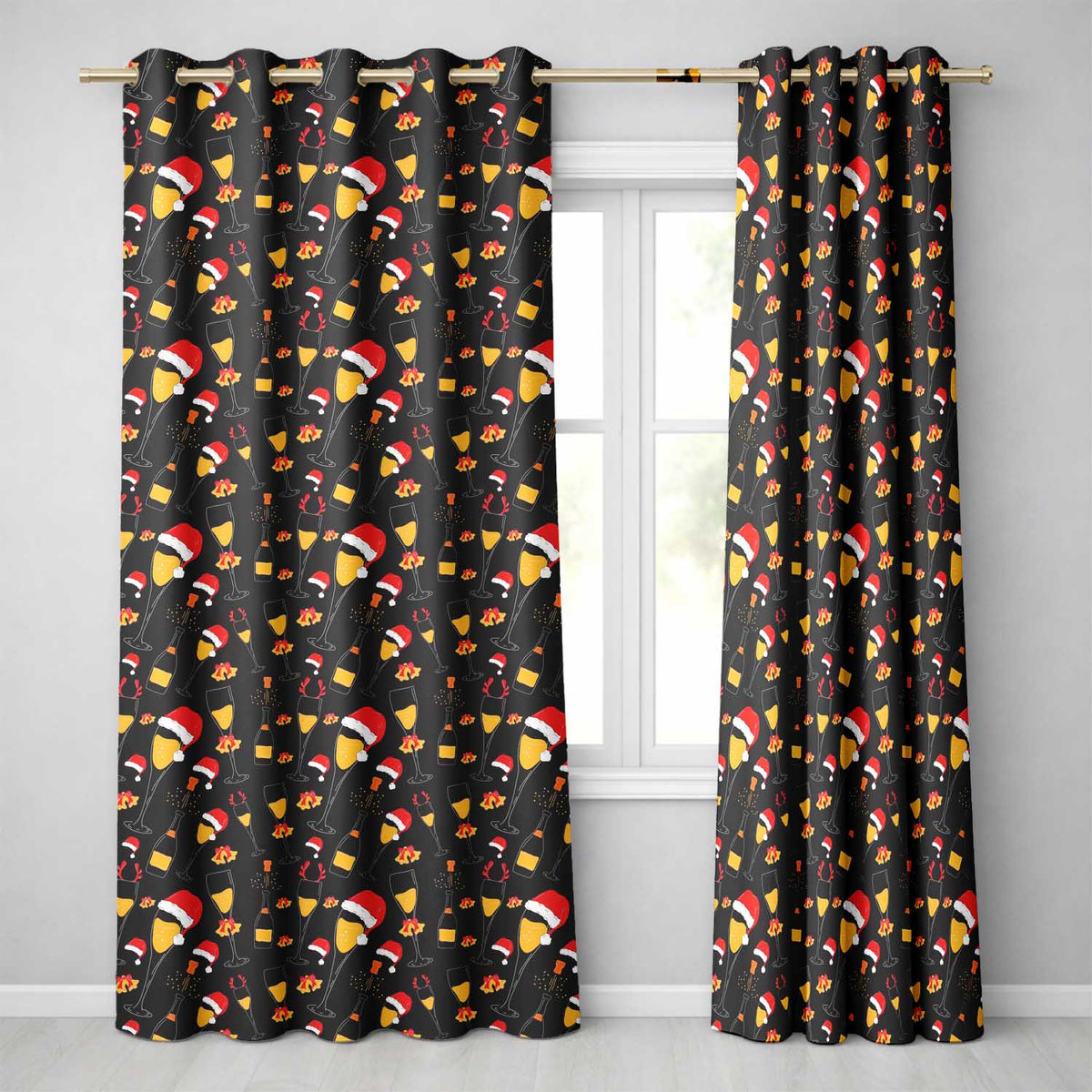 Festive Champagne Glass Santa Hat Bells Seamless Pattern Readymade Eyelet Ring Top Thermal 100% Blackout Curtains